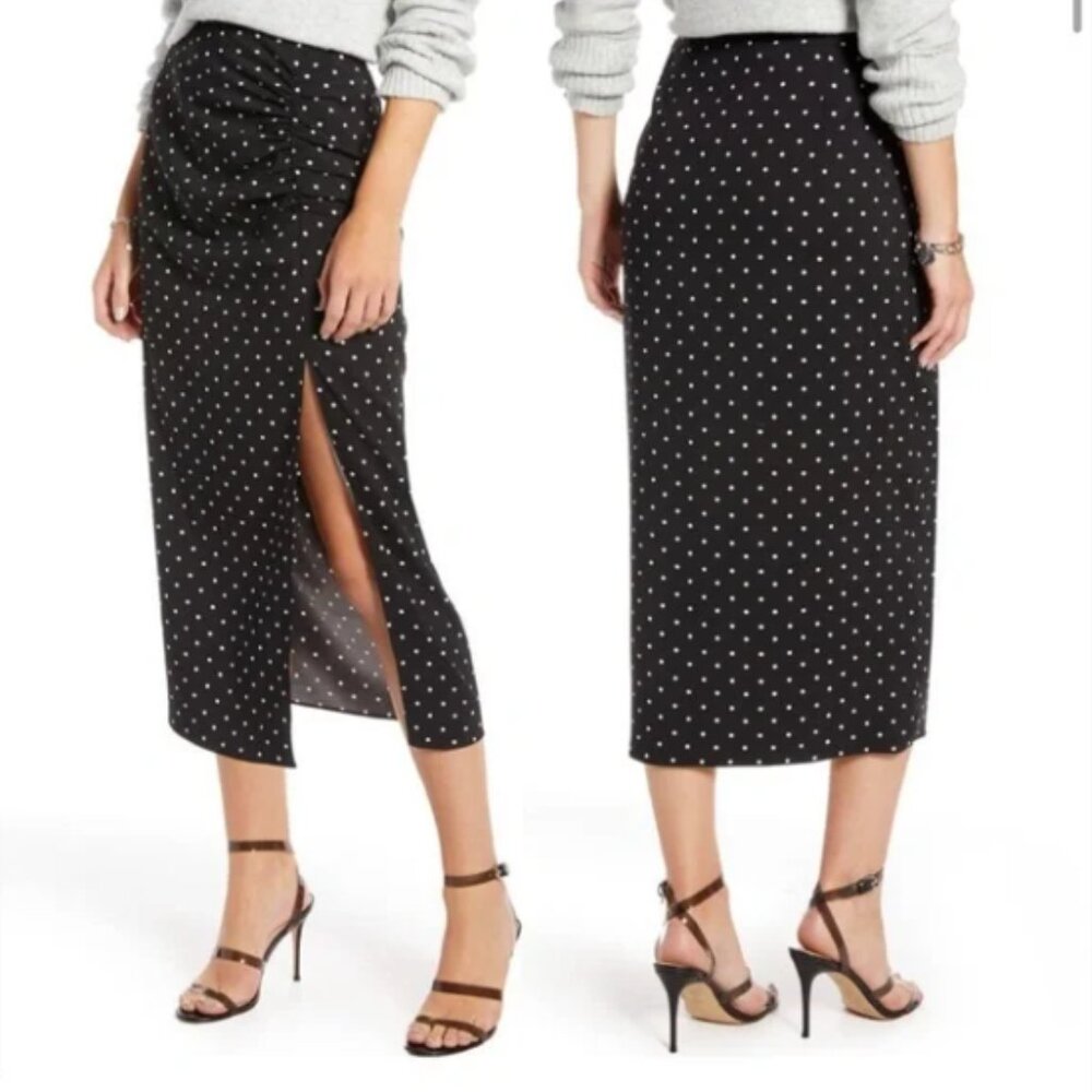 NWOT - Something Navy Rouched Midi Slip Skirt Black w. White Polka Dot - Size S